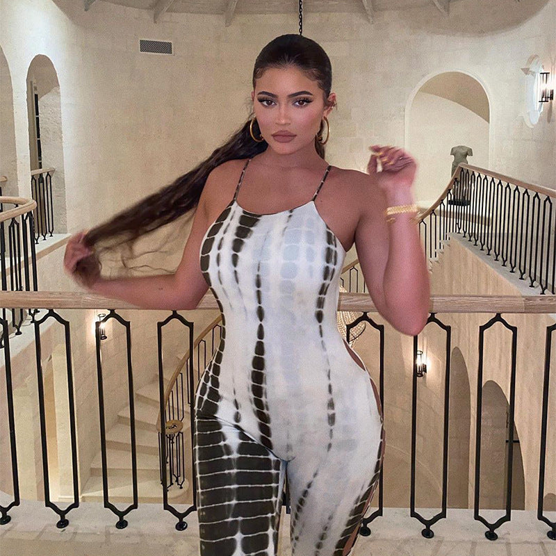 Women's Sling Sleeveless Hollow  Back Print Jumpsuit Women