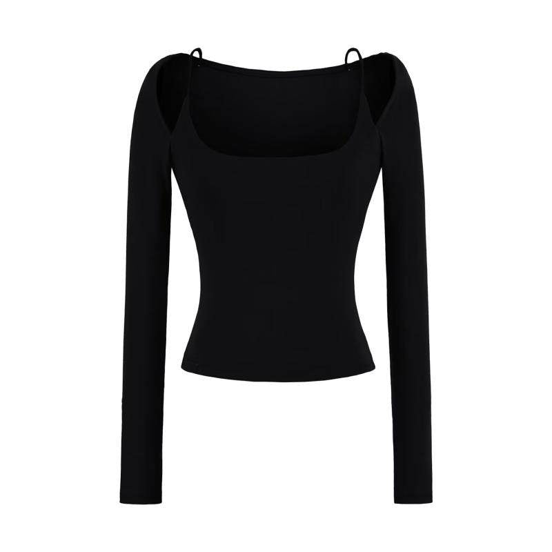 Off-shoulder Halter-neck Long-sleeve T-shirt With A Plunging Neckline A Sleek Ultra-feminine Base Layer