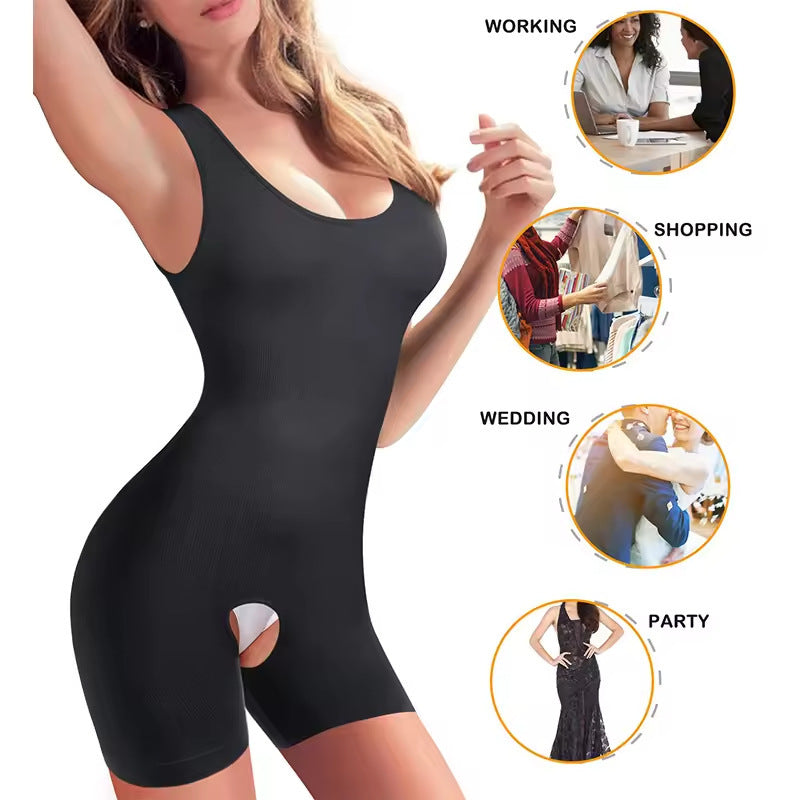 Plus Size Sleeveless Camisole Shapewear Bodysuit, Tummy Control Butt Lifting Breast Support Open Crotch Seamless Sculpting Body Shaper For Women