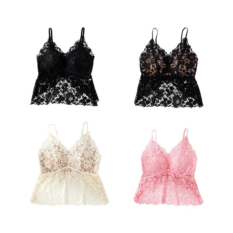 Lace Floral Camisole Mesh Top With Built-in Pads Sexy Slim-Fit Minimalist Base Layer