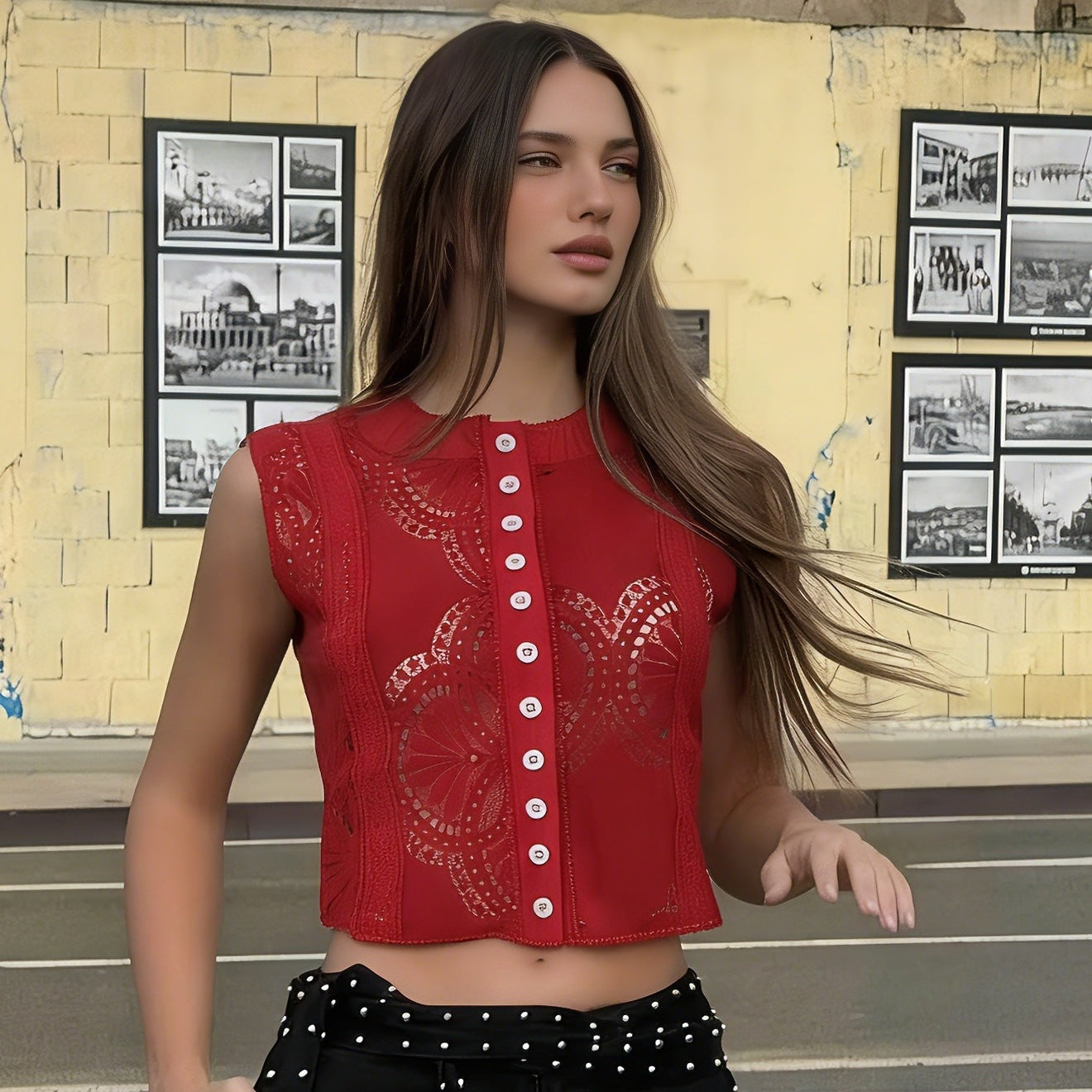 Womens Fashion Hollow-Out Crochet Sleeveless Lace Embroidery Solid Color Base-Layer Buttoned Vest