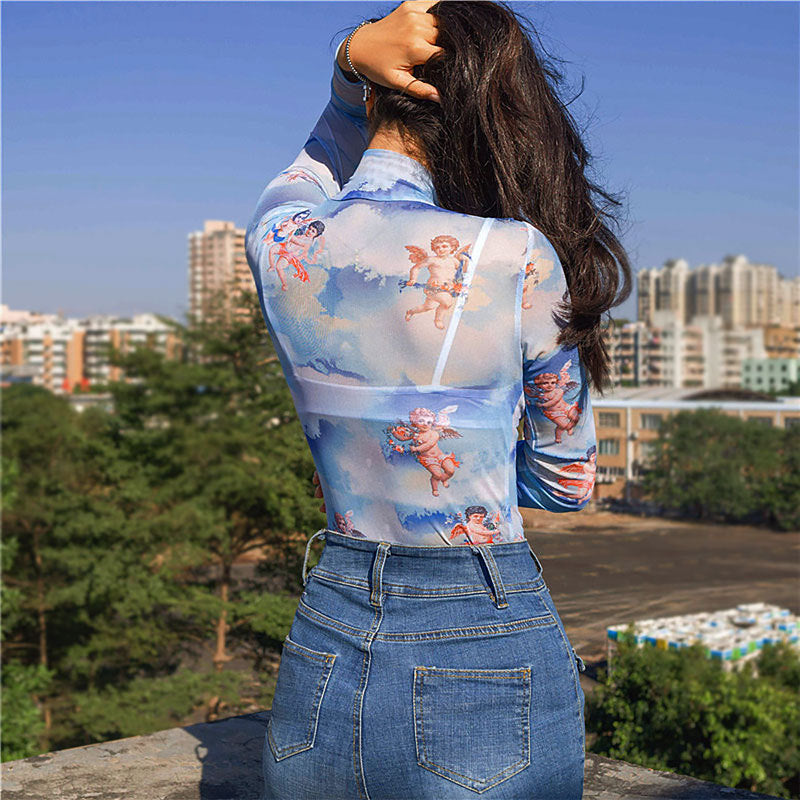 European And American Angel Net Printed Long Sleeve Jumpsuit