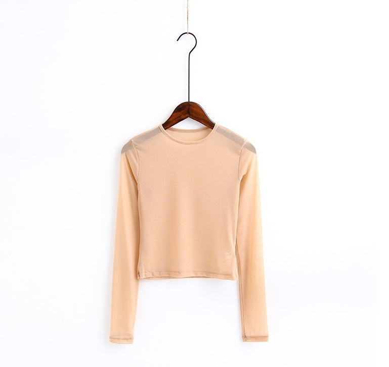 New Spring And Summer Solid Color Sexy Round Neck Long-sleeved Mesh Perspective Women's Shirt T-shirt High-elastic Inner Bottoming