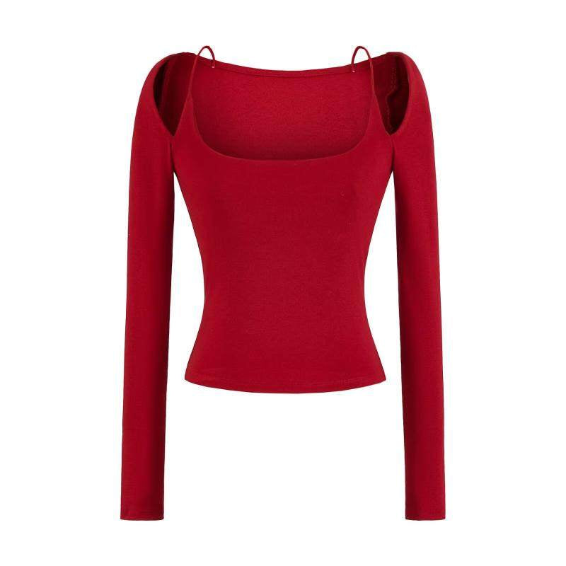 Off-shoulder Halter-neck Long-sleeve T-shirt With A Plunging Neckline A Sleek Ultra-feminine Base Layer