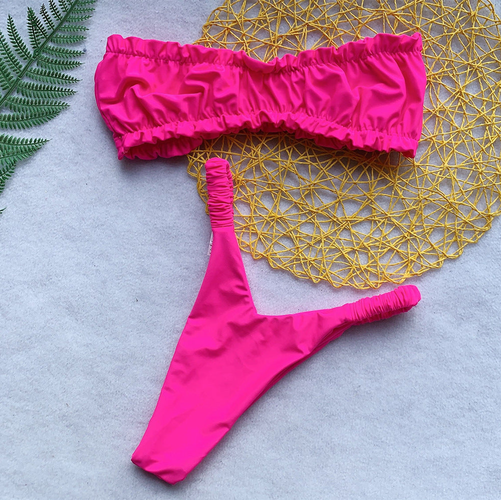 Solid Color Women's Split Chest Pad Swimsuit Bikini