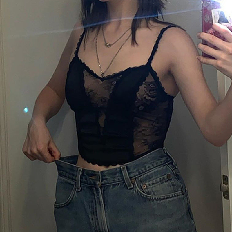 Sexy Solid Color Lace Mesh Stitching Perspective Base Sling