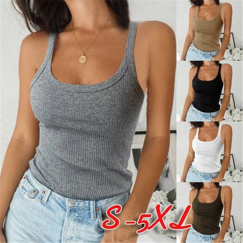 Pure Color Versatile Vest Sexy Round Neck Bottoming for Inner and Outer Wear