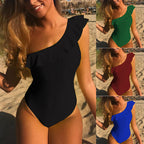Solid Color Ruffled One-shoulder Swimsuit Bikini