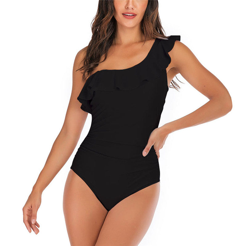 Solid Color Ruffled One-shoulder Swimsuit Bikini