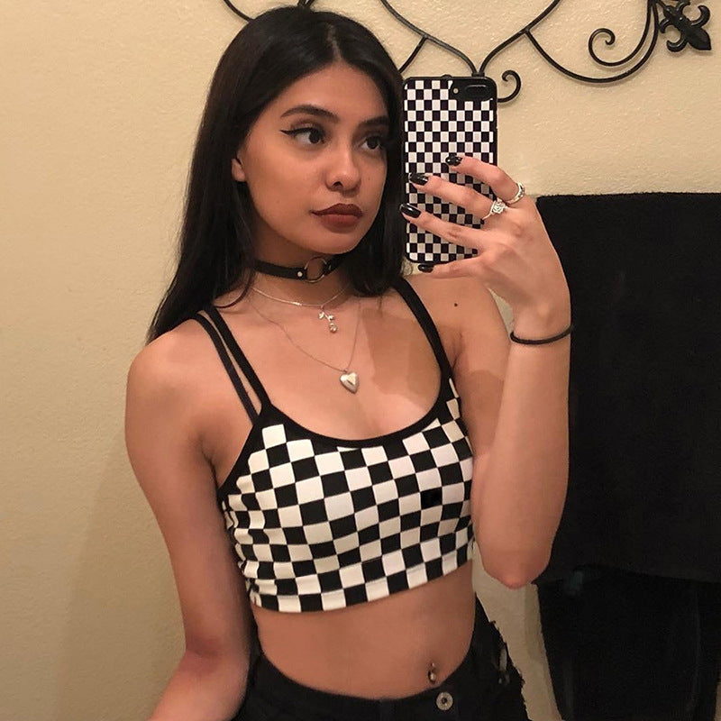Black and white plaid stitching camisole female summer ins super hot inner base shirt top