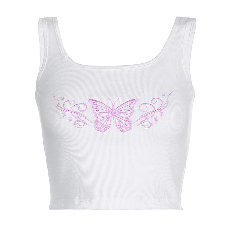 Sexy Thread Slim Butterfly Embroidered Short Camisole Base Top