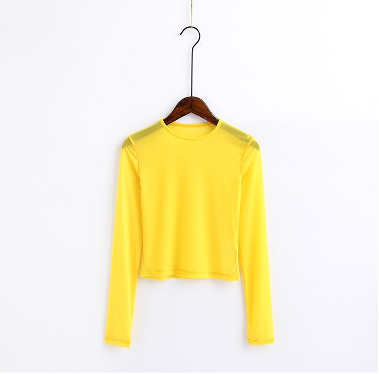 New Spring And Summer Solid Color Sexy Round Neck Long-sleeved Mesh Perspective Women's Shirt T-shirt High-elastic Inner Bottoming