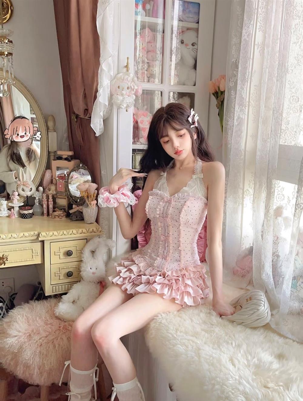 Bow Lace Halter Lace-up Top Multi-layer Puffy Skirt Outfit
