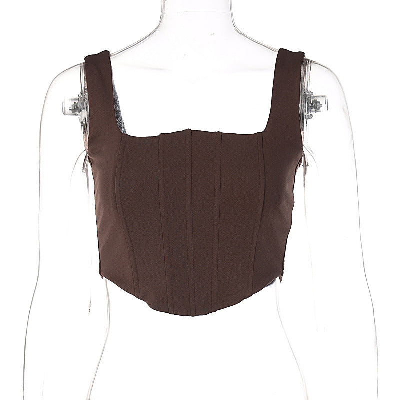 Solid Color Square Neck  Back Slim Short Inner Bottoming Vest Women