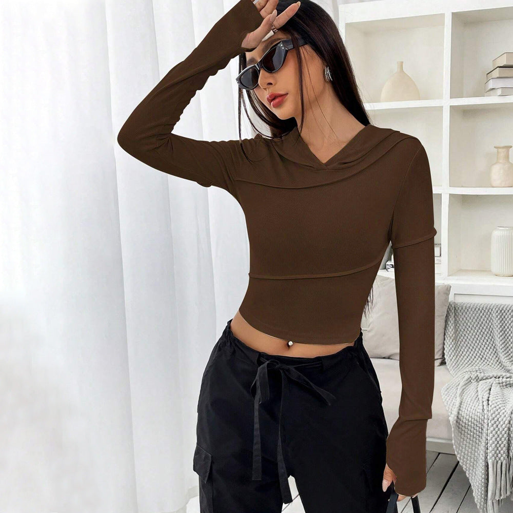 Street Trend V-neck Hoodie Women's Slim-fit Autumn Winter Base Layer Top