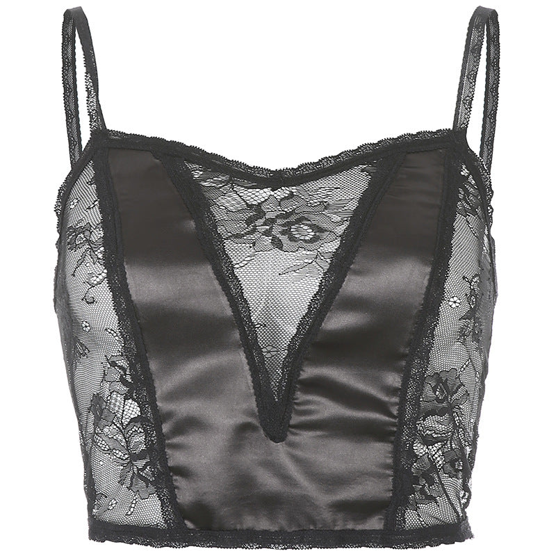 Sexy Solid Color Lace Mesh Stitching Perspective Base Sling