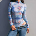 European And American Angel Net Printed Long Sleeve Jumpsuit