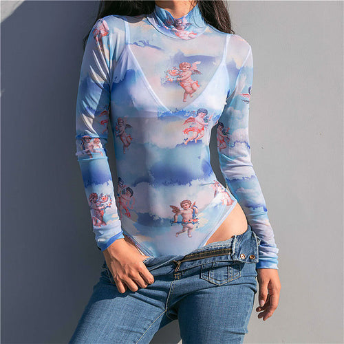 European And American Angel Net Printed Long Sleeve Jumpsuit