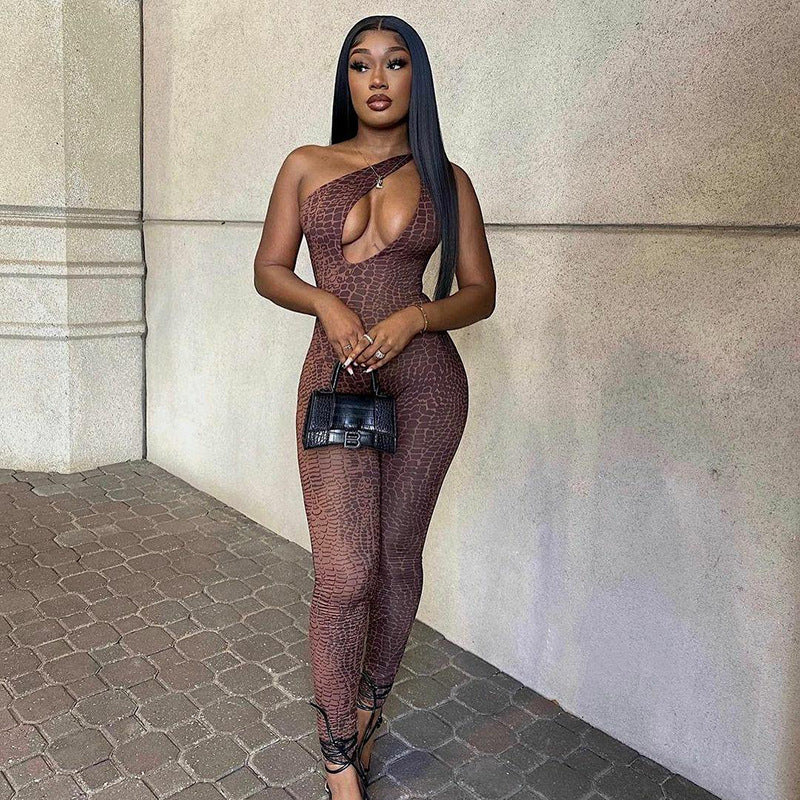 Cutout Snake Print Skinny Hip Lift Jumpsuit