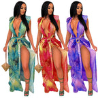 Sleeveless Cardigan Printed Swimsuit Two-piece