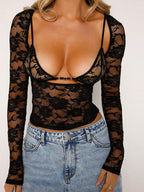 See-through Lace Shirt Low-cut High Elastic Tight Top Long Sleeve Inner Wear