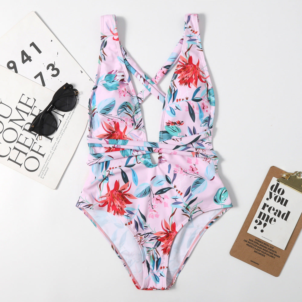 One-piece Swimsuit Korean Small Floral Girl  Chest Gathered Slim Body Cover Belly Vacation Swimsuit