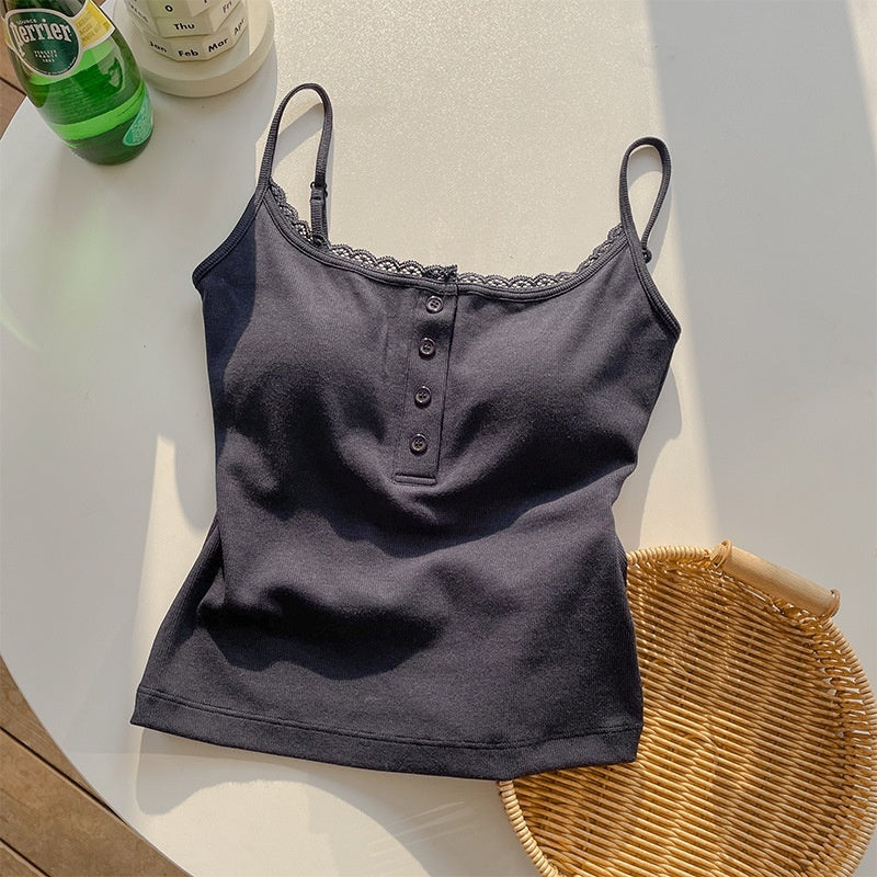 Bra With Cups Suspender Camisole Lace Trim Buttoned Slim-Fit Figure-Hugging InnerOuter Layer Base Top