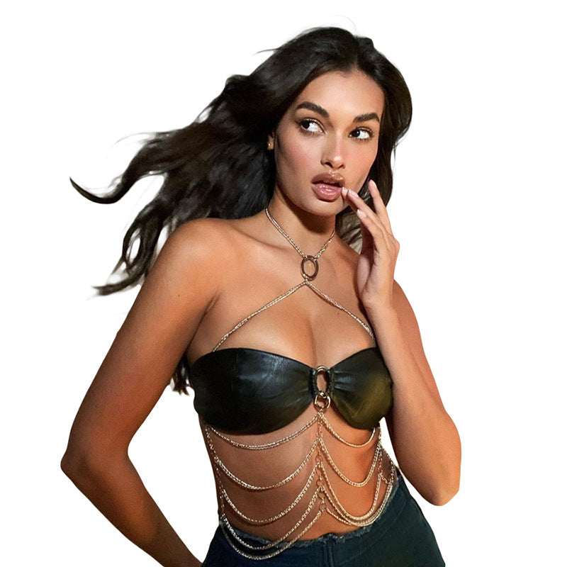 European And American PU Leather Cross Neck Hanging Chain Outer Wear Inner Wear Tube Top
