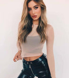 New Spring And Summer Solid Color Sexy Round Neck Long-sleeved Mesh Perspective Women's Shirt T-shirt High-elastic Inner Bottoming