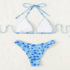 Women's Swimsuit Blue Printed Lace Up Split