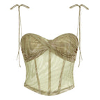 Sexy Style Corrugated Printed Double Layer Mesh Camisole Low Collar Irregular Cinched Tube Top Vest Top