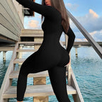 Casual Ribbed Zip-up Jumpsuit Long Sleeves