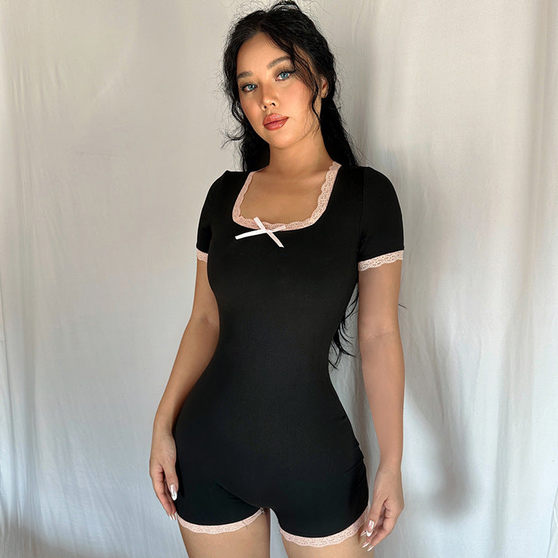 Womens Color-Block Lace-Panel Bodycon Jumpsuit