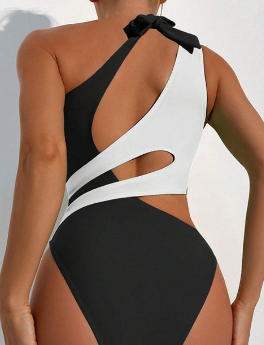 Cross Color Matching Lace Up Swimsuit For Women