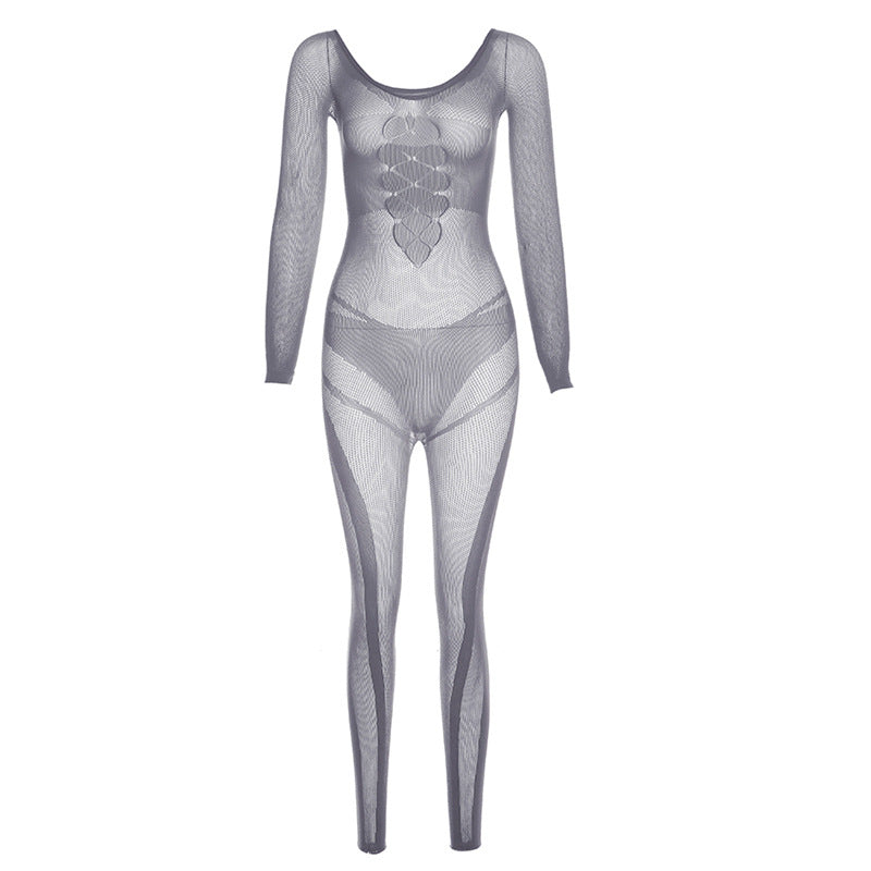 Women's Mesh See-through One-neck Hollow Jumpsuit
