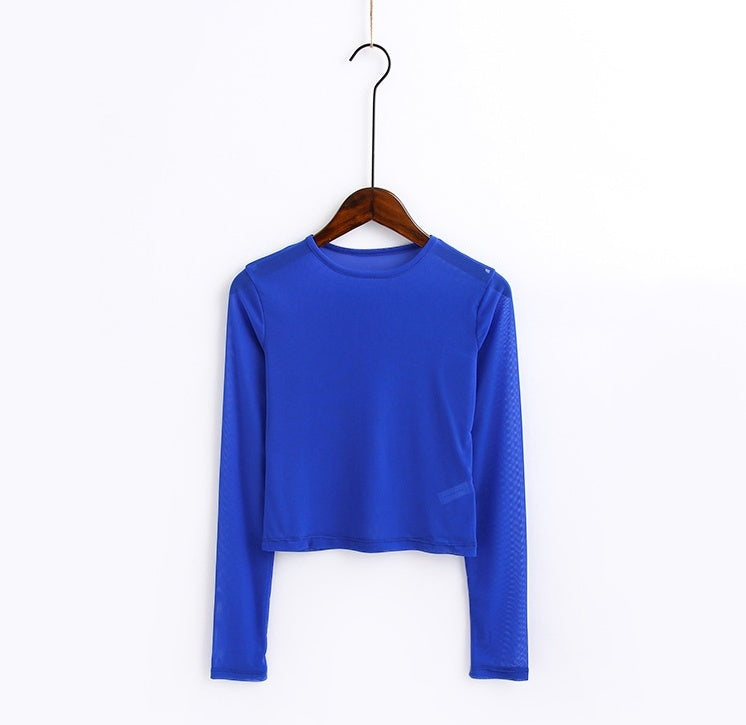 New Spring And Summer Solid Color Sexy Round Neck Long-sleeved Mesh Perspective Women's Shirt T-shirt High-elastic Inner Bottoming