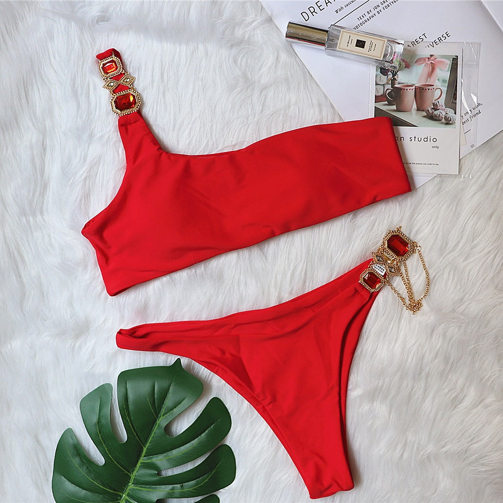 New Swimsuit Luxury Crystal Diamond Chain Women's Split Swimsuit Plain One Shoulder European And American Bikini