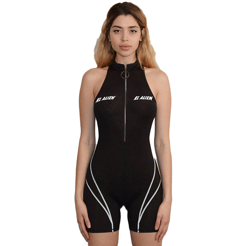 Women's sexy sleeveless high neck printed sports jumpsuit