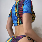 Women's Fashion Print Split Hollow Bikini Swimsuit