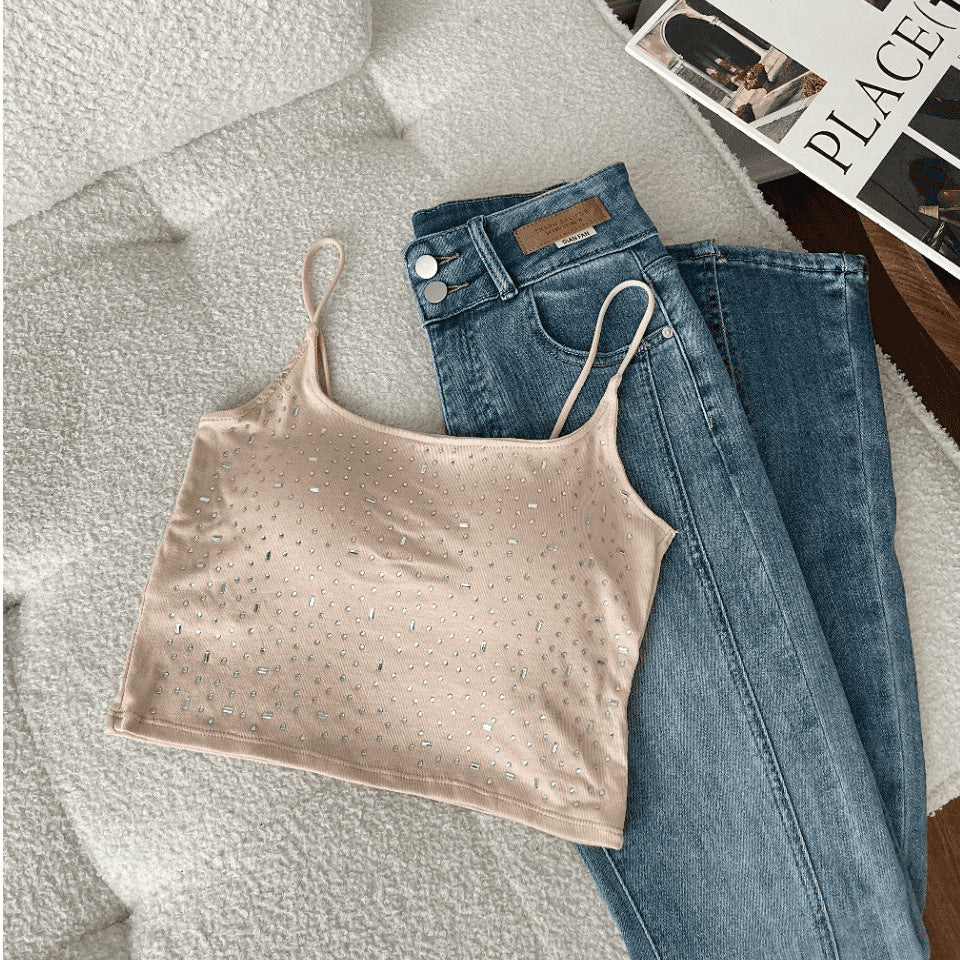Womens High-waisted Midriff-baring Top With A Square Neckline Featuring A Double-layer Mesh Design