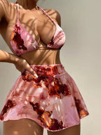 Drawstring Ladies Marble Print Swimsuit Three Piece