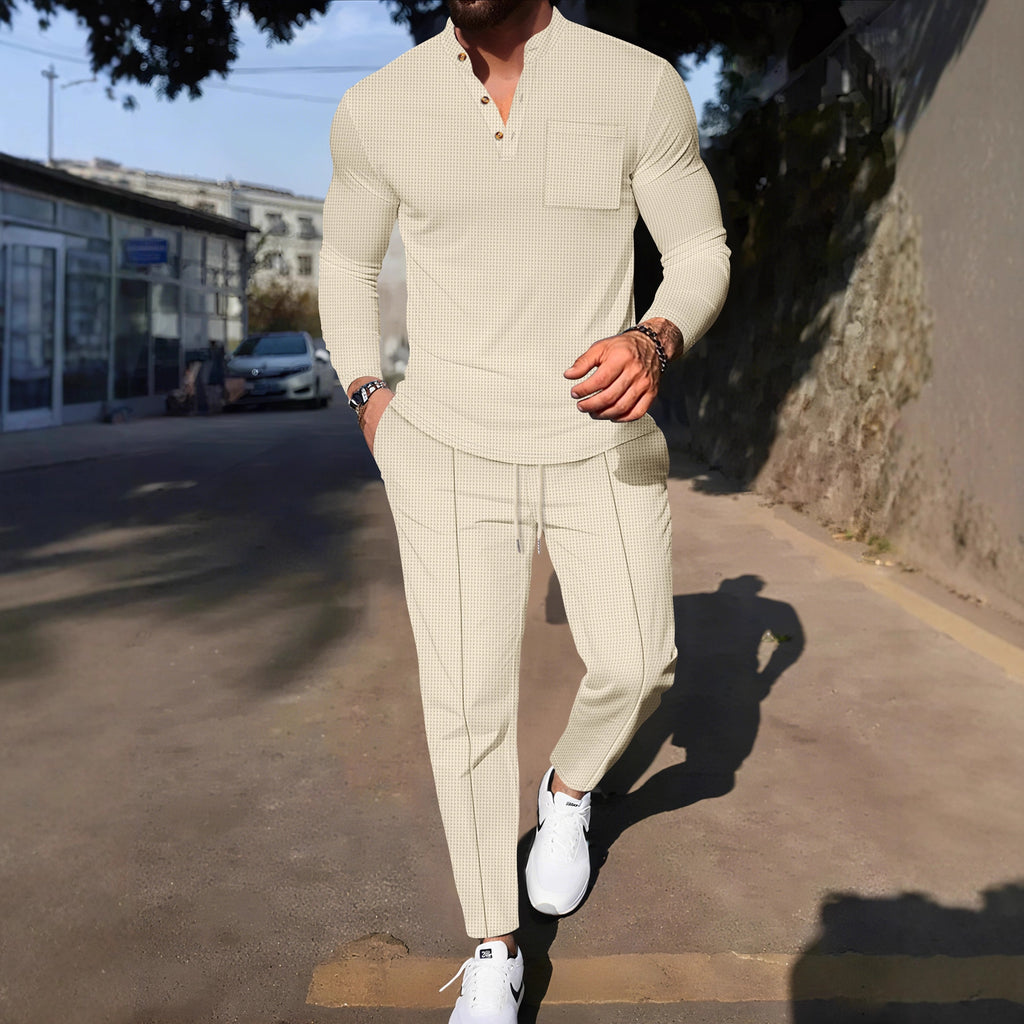 Men's Waffle Henley Neck Pants Long Sleeve T-Shirt Casual Set