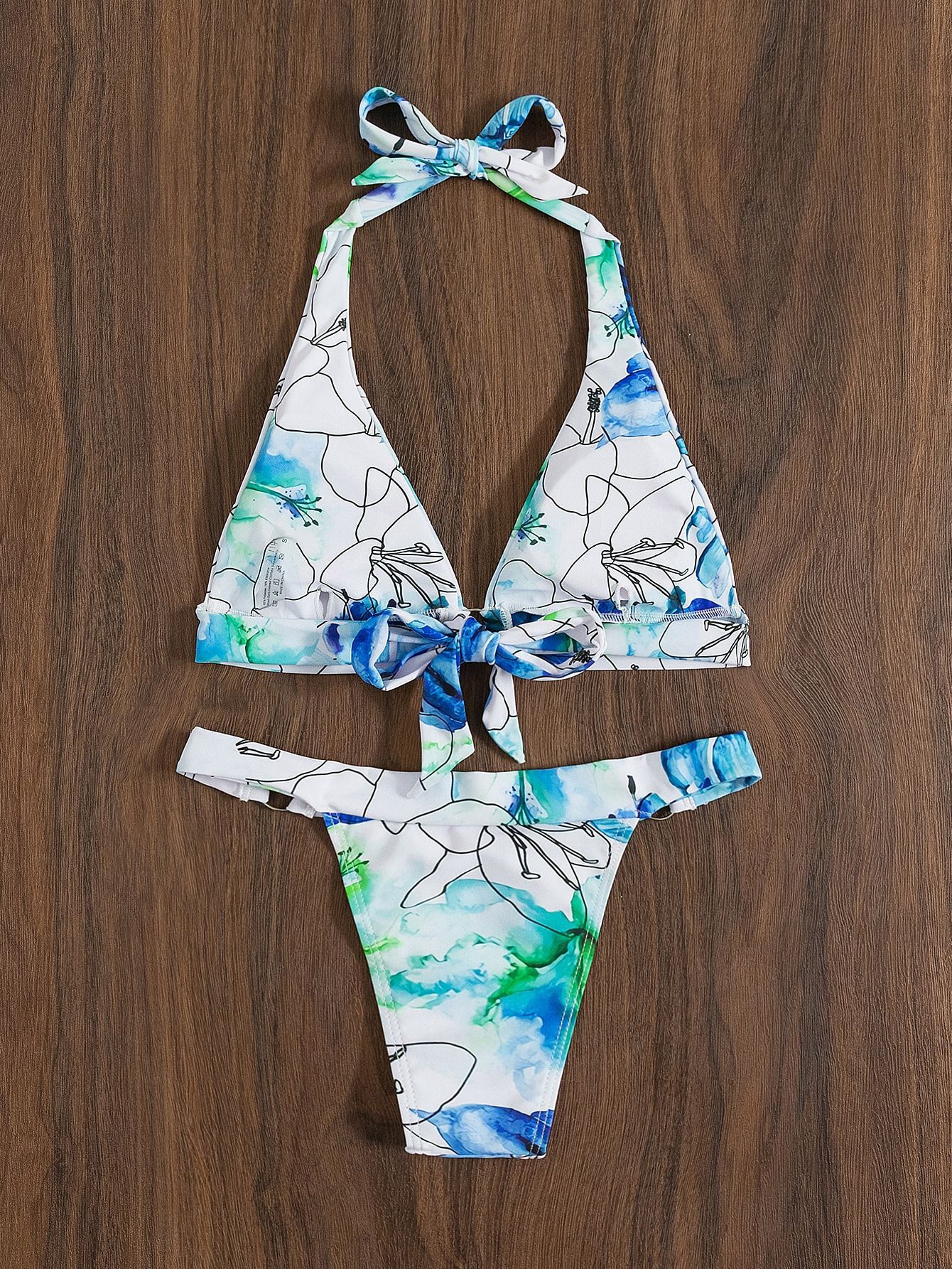 Floral Print Lace Up Bikini Women's Split Swimsuit