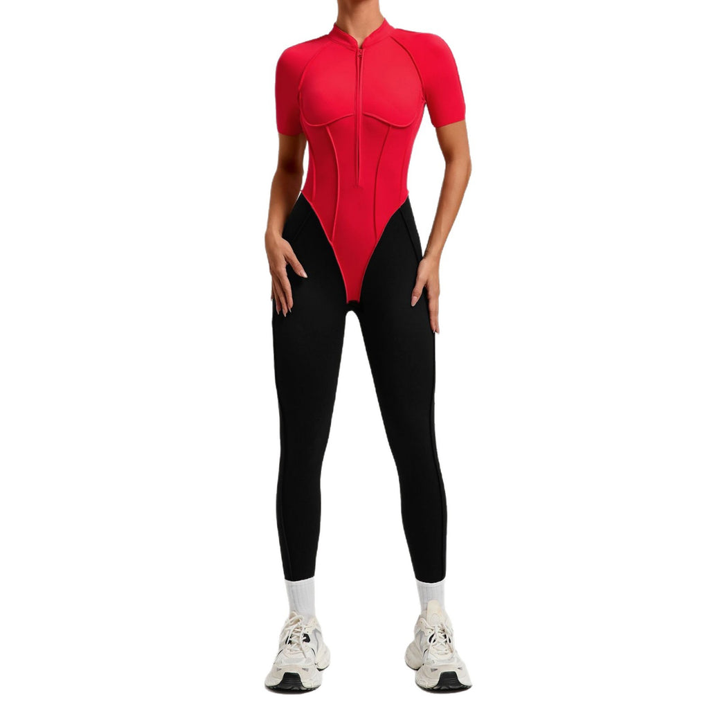 Womens Color Block Spliced Athletic Yoga Jumpsuit