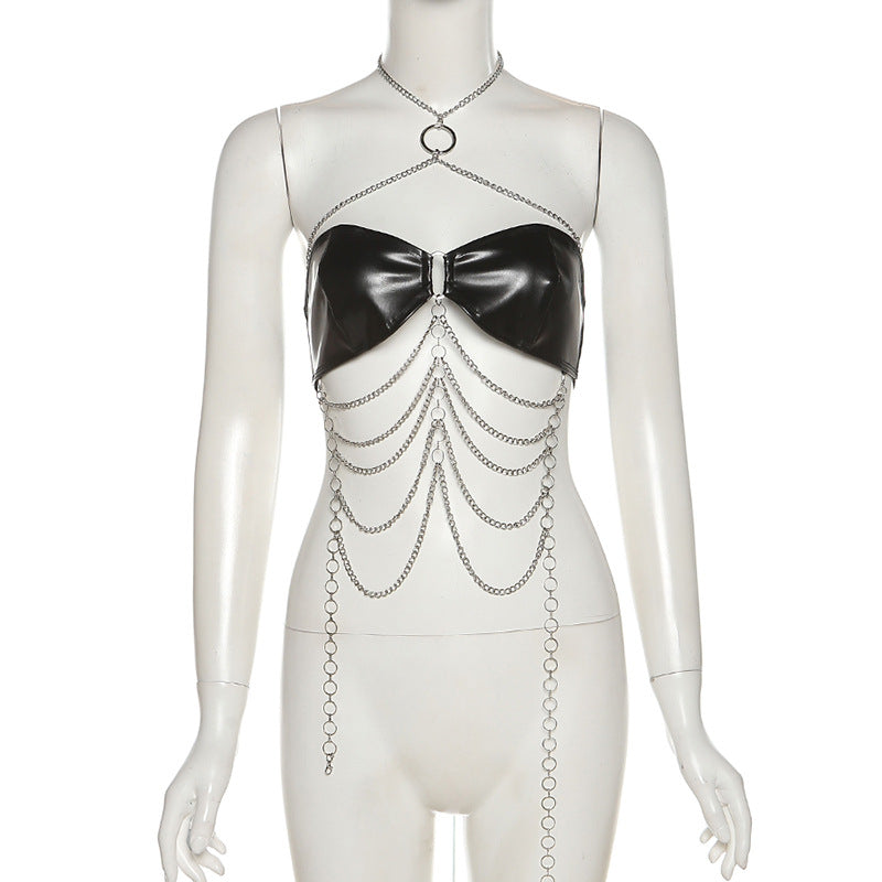 European And American PU Leather Cross Neck Hanging Chain Outer Wear Inner Wear Tube Top