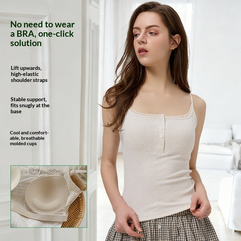 Bra With Cups Suspender Camisole Lace Trim Buttoned Slim-Fit Figure-Hugging InnerOuter Layer Base Top