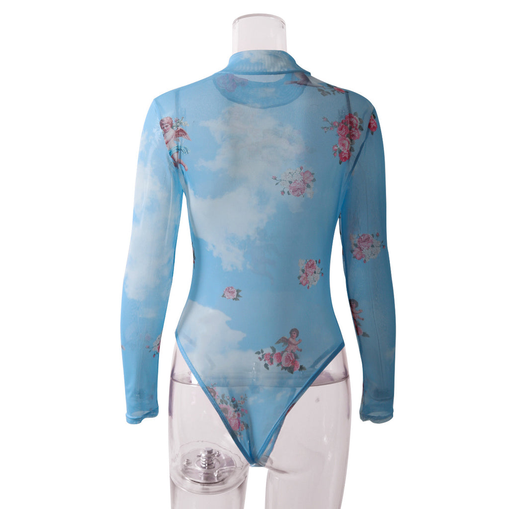 European And American Angel Net Printed Long Sleeve Jumpsuit