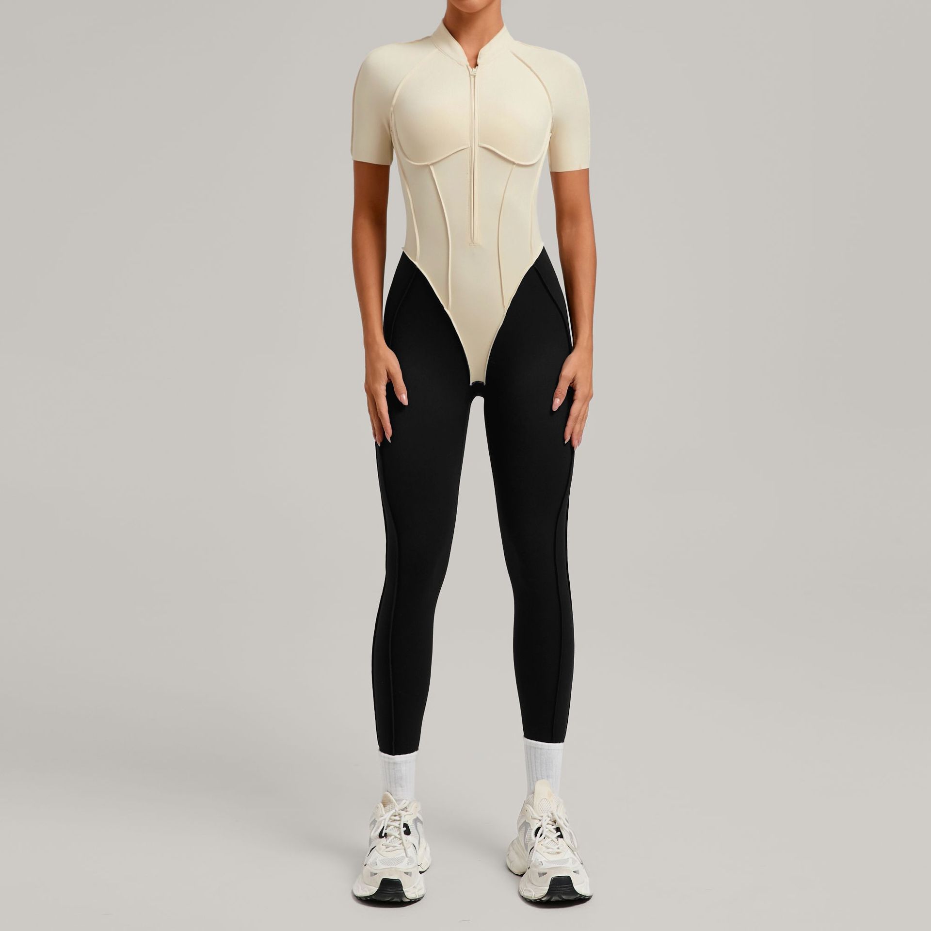 Womens Color Block Spliced Athletic Yoga Jumpsuit