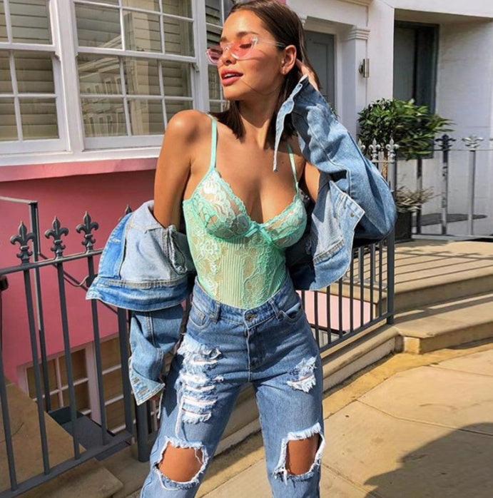 Shoulder strap bow openwork lace jumpsuit