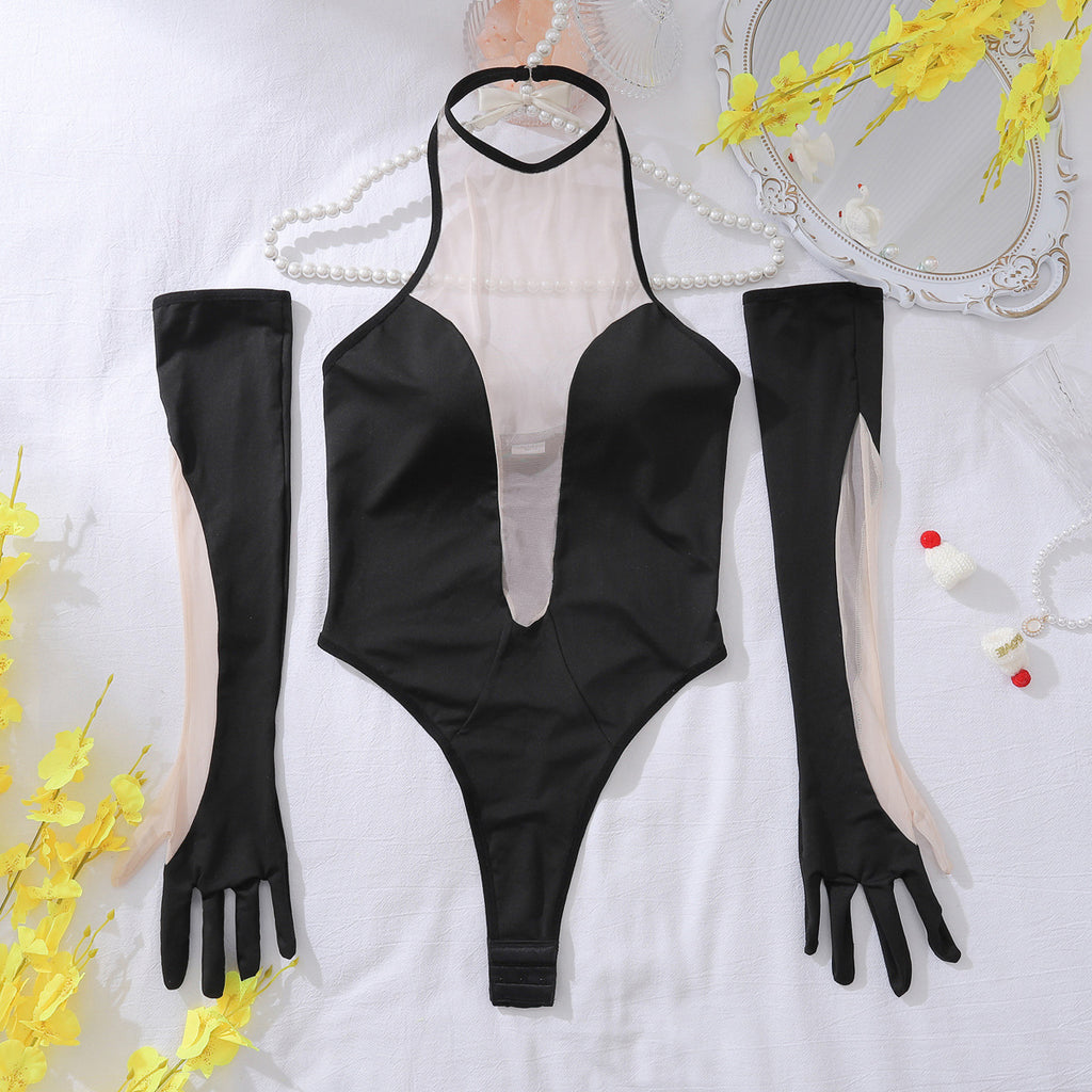 Jumpsuit Irregular Tight Sheer Mesh Joint Gloves